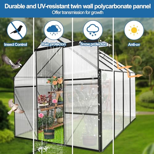 LUSPAZ 6x8 FT Outdoor Patio Greenhouse, Adjustable Roof Vent and Rain Gutter for Plants, Clear Polycarbonate Panels Greenhouse, Garden Greenhouse for Winter Garden Backyard