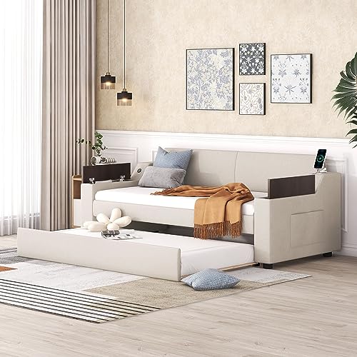 DEYOBED Twin Size Upholstery Daybed with Trundle, Daybed Sofa Bed Frame with Storage Arms & USB Charging Design for Living Room Bedroom, Beige