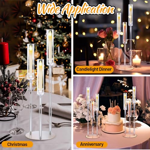 8 Set Acrylic Candelabra Centerpieces 3 Arm Clear Floor Candlesticks Candle Holders with Acrylic Shade Base 0.87" LED Candles Decoration for Wedding Party