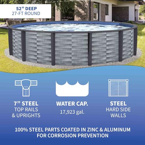 Blue Wave NB19893 Affinity 27-ft Round 52-in Deep 7-in Top Rail Resin Package Above Ground Swimming Pool, x, Gray