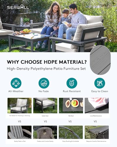 SERWALL HDPE Patio Coversation Set, 7-Piece Outdoor Sectional Sofa Set, All Weather Patio Couch Set Patio Furniture for Balcony, Deck, Grey Frame with Khaki Cushion