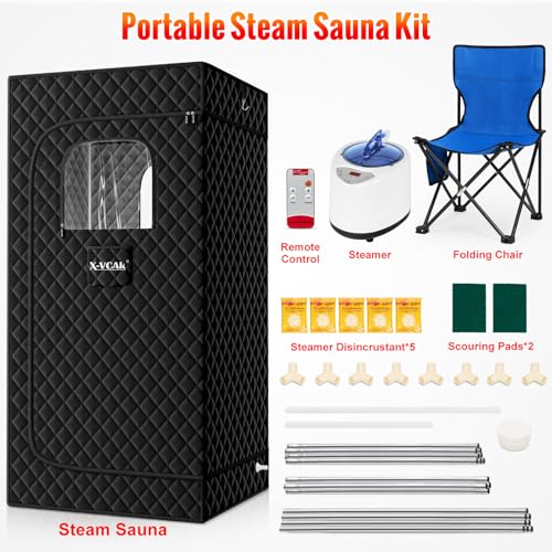 X-Vcak Portable Steam Sauna, Portable Sauna for Home, Sauna Tent Sauna Box with 2.6L Steamer, Remote Control, Folding Chair, 9 Levels, 2.6’ x 2.6’ x 5.9’