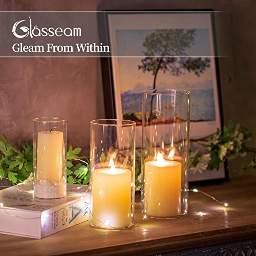 Glasseam Hurricane Candle Holder Set of 3, Glass Cylinder Candle Holders for Pillar Candles, Clear Cylinder Vases for Centerpieces Modern Floating Candle Vase for Flowers Wedding, 6''+7.8''+10''