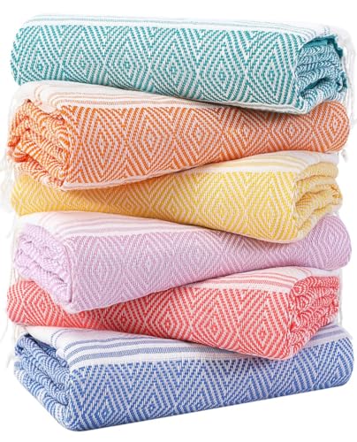 6 Packs Oversized Cotton Turkish Beach Towels Set Bulk 74"x38" Extra Large Sand Free Quick Dry Clearance Swim Bath Camping Pool Towel Travel Blanket Adult Essentials Cruise Accessories Vacation Stuff