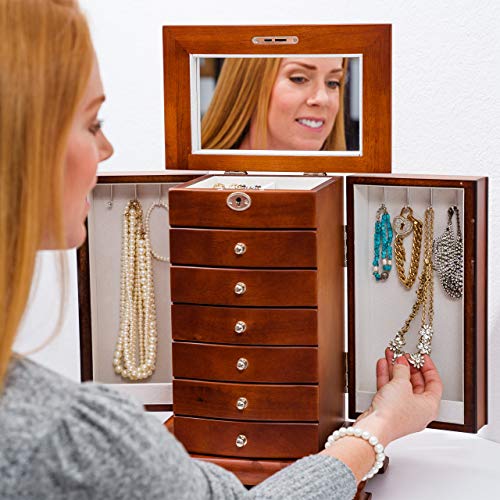 Rowling Large Wooden Jewelry Box Earrling Necklace Bracelets Organizer 6 Drawers M10 (Brown)