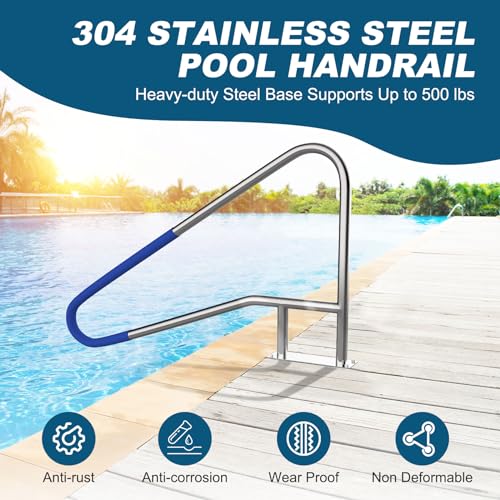 Oswerpon Pool Handrail, 54" x 36" Pool Railings for Inground Pools, 304 Stainless Steel Pool Handrails with Blue Nylon Grip Cover & Inflatable Float Hammock, Quick Mount Accessory Included