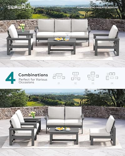 SERWALL HDPE Patio Coversation Set, 7-Piece Outdoor Sectional Sofa Set, All Weather Patio Couch Set Patio Furniture for Balcony, Deck, Grey Frame with Khaki Cushion