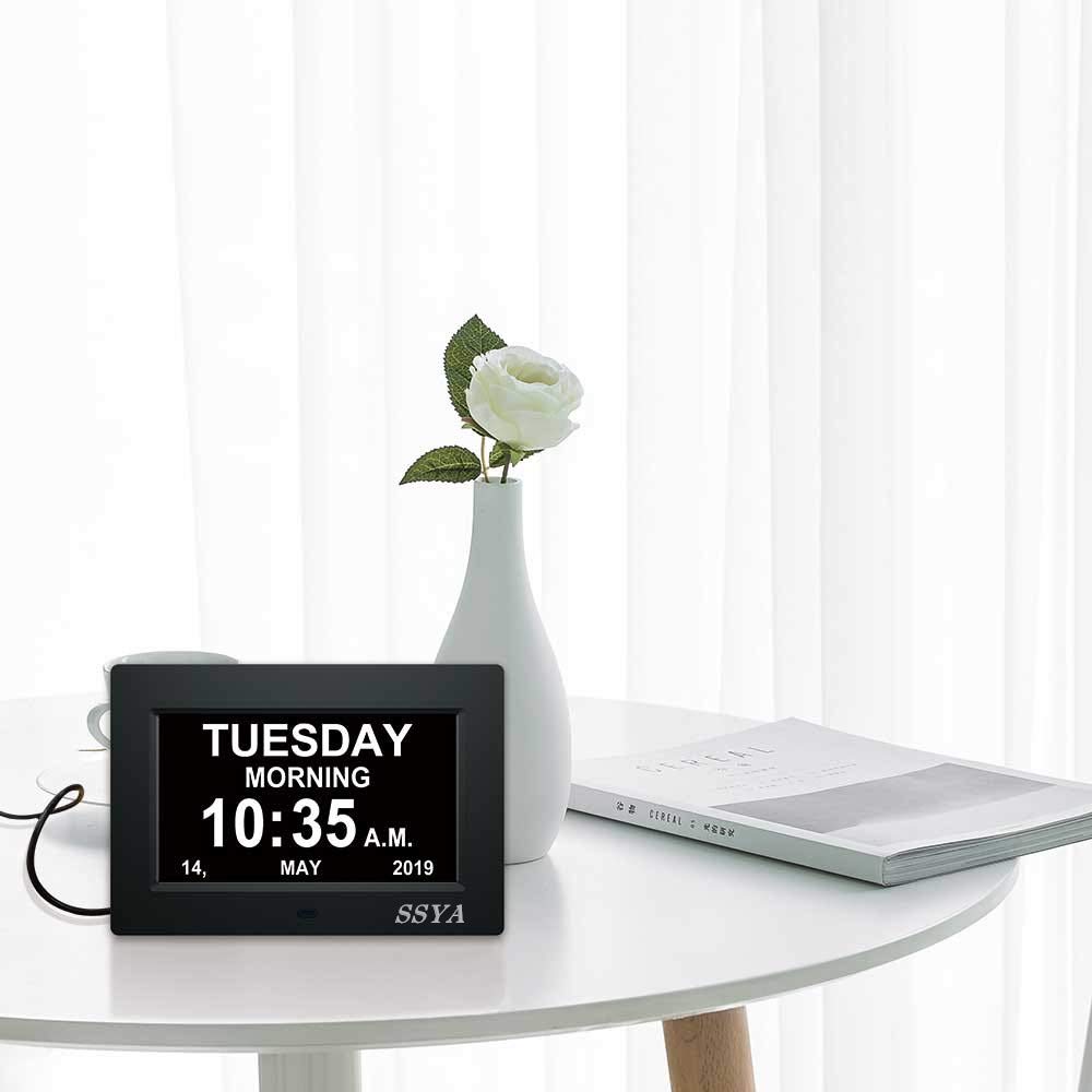 SSYA [Newest Version] 7 Inch Calendar Clock - 12 Alarm Options, Level 5 Auto Dimmable Display,Extra Large Impaired Vision Digital Clock with Non-Abbreviated Day & Month Alarm Clock (7 inch)