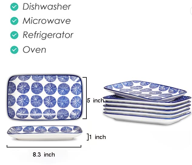 Selamica Ceramic 8 inch Rectangular Salad Plates, Dinner Plates, Pasta Dessert Plates for Appetizer, Sushi, Fruit - Microwave/oven/Dishwasher Safe, Set of 6, Vintage Blue