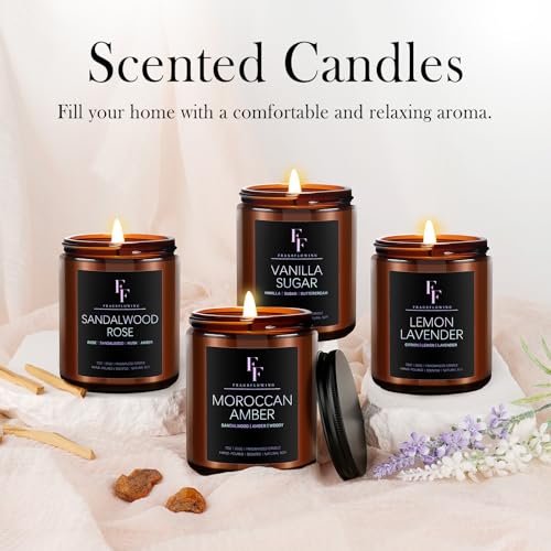 FF FRAGRFLOWING Scented Candles for Home Scented Aromatherapy Candles, 4 Pack 28 Oz Soy Wax Candle Gift Set for Women Men (Lemon Lavender/Vanilla Sugar/Sandalwood Rose/Moroccan Amber)