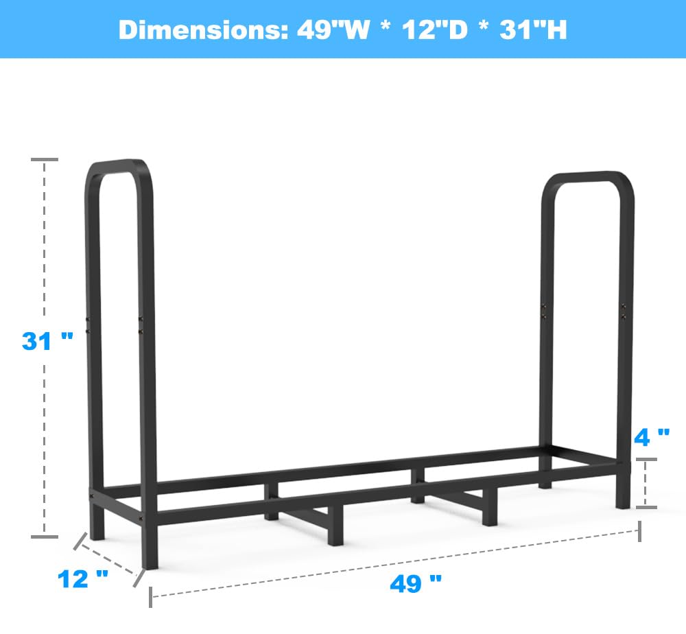 Tikimilor 4ft Firewood Rack Holder, Adjustable Heavy Duty Fire Log Stacker Stand for Fireplace, Outdoor Indoor Metal Wood Pile Storage Organizer, Patio Logs Stand tool, Black