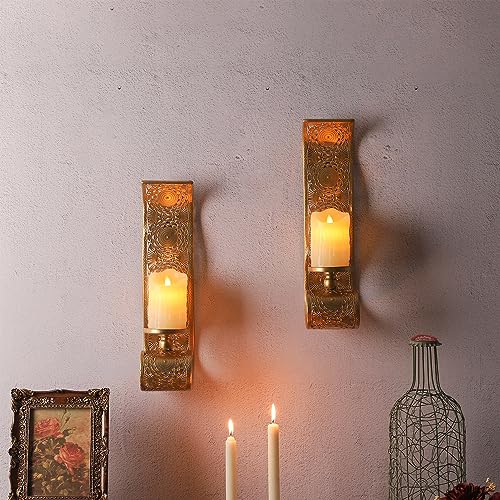 Capesaro Wall Candle Sconce Set of 2,Metal Wall Mounted Candle Holder for Home,Living Room, Bathroom, Dining Room Decorations,Gold