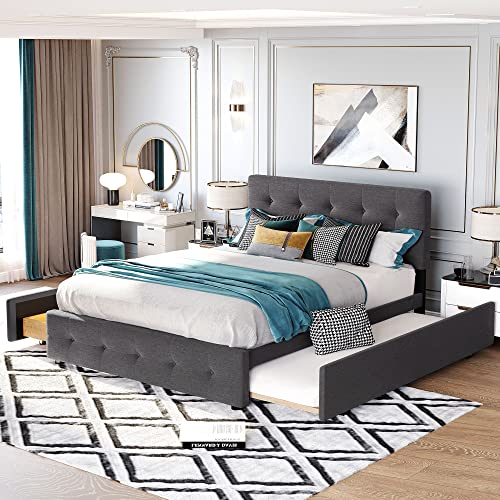 DRELOFT Queen Size Platform Bed, Queen Linen Fabric Upholstered Platform Bed Frame with 2 Storage Drawers and 1 Twin XL Trundle, Ideal Bedroom Furniture, No Box Spring Needed, Dark Gray
