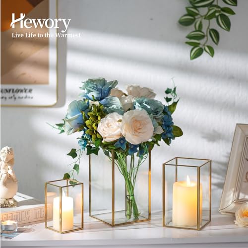 Glass Hurricane Candle Holder Large - Hewory 18pcs Gold Rectangle Flower Holders Centerpiece for Table, Tall Floor Square Pillar Candle Lantern for Wedding, Anniversary, Party, Fireplace, Dining Room