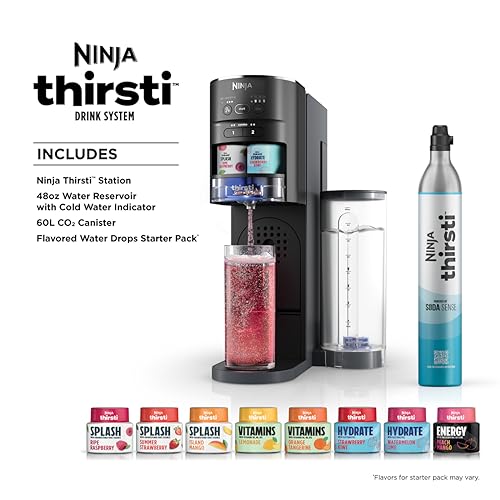 Ninja Thirsti Drink System, Soda Maker, Create Unique Sparkling & Still Drinks, Personalize Size & Flavor, Carbonated Water Machine, 60L CO2 Cylinder & Variety of Flavored Water Drops, Black WC1001