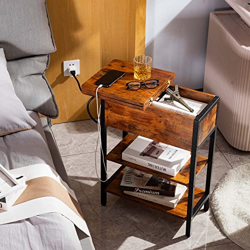 Yoobure End Table with Charging Station, Flip Top Side Table with USB Ports and Outlets, Sofa Couch Table Bedside Table for Living Room Bedroom, Narrow Nightstand with Storage Shelves for Small Space