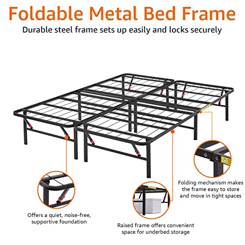 Amazon Basics Foldable Metal Platform Bed Frame, Tool-Free Setup, Queen Size, 14" High, Steel Support, Black