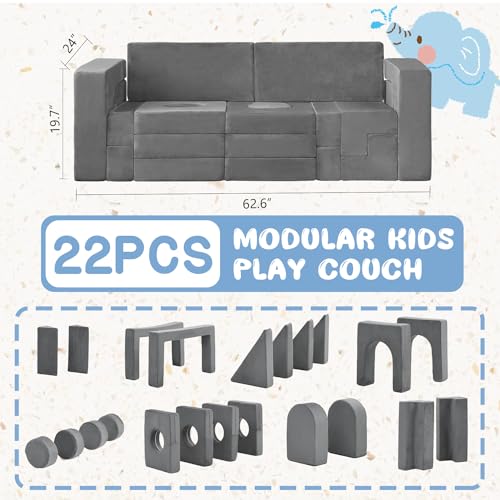 Domiqut 22Pcs Modular Kids Play Couch, Floor Sofa for Children, 1000+DIY Creativing Playroom Furniture for Toddlers， Convertible Foam and Floor Cushion for Boys and Girls