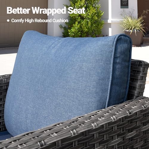 ovios Patio Furniture Set, 6 Piece Outdoor Wicker Sofa with Swivel Rocking Chairs and Comfy Cushions, High Back Rattan Couch Conversation Set, Denim Blue