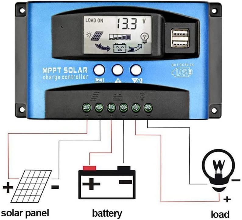 100A MPPT Solar Charge Controller 12v/24v Current Auto Focus MPPT Tracking Charge with LCD Display Dual USB Solar Regulator Charge Controller Multiple Load Control Modes