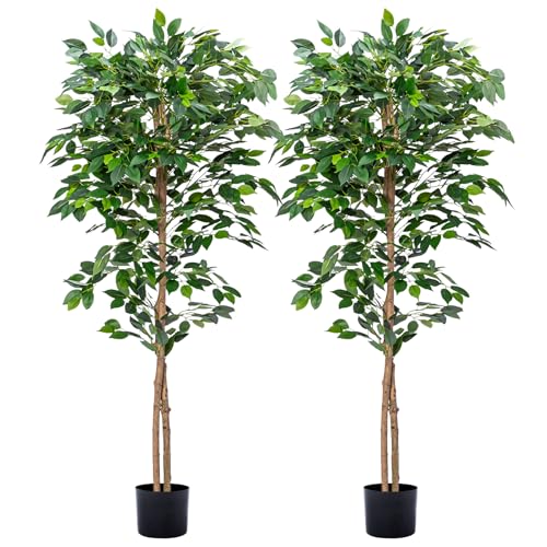 HAIHONG 2Packs 5FT Ficus Trees Artificial with Realistic Leaves and Natural Trunk, Faux Ficus Tree with Plastic Nursery Pot, Fake Ficus Tree for Office Home Decor Indoor Outdoor (New Type)