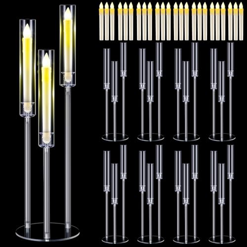 8 Set Acrylic Candelabra Centerpieces 3 Arm Clear Floor Candlesticks Candle Holders with Acrylic Shade Base 0.87" LED Candles Decoration for Wedding Party