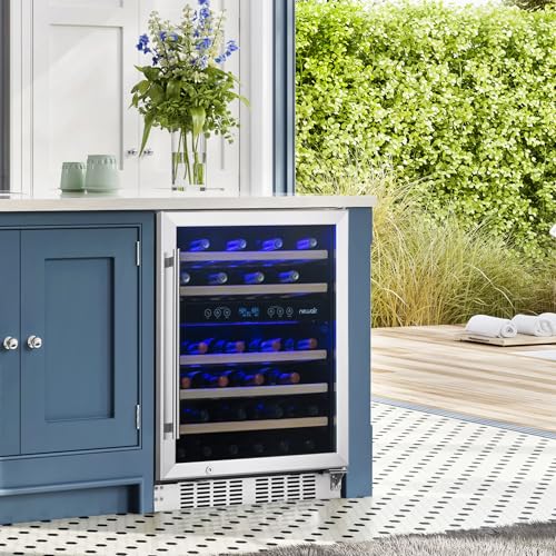 NewAir 24" Wine Cooler, 46 Bottle Dual Zone Wine Refrigerator, Built-in Small Wine Fridge | Stainless Steel Mini Fridge with Lock and Recessed Kickplate, for Home Kitchen Cabinet, Bar Cabinet