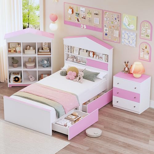 Merax 3-Pieces Bedroom Sets, Twin Size Wooden Bed Frame with House-Shaped Storage Headboard, 3-Drawer Nightstand and Nine Compartments Bookshelf, Cute Design for Boys Girls Kids' Room, Pink+White