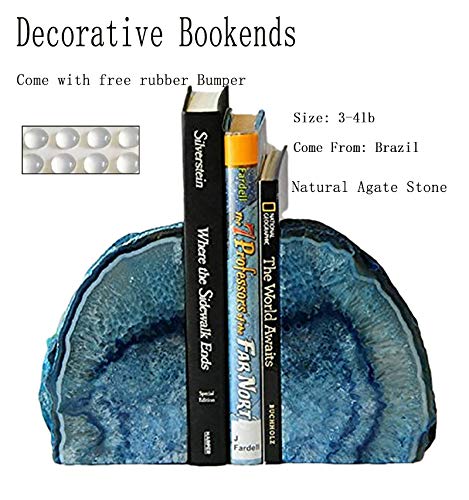 JIC Gem Blue Agate Bookends Geode Book Ends for Shelves Decorative Crystal Bookends Heavy Duty Bookend Bookshelf Decor with Rubber Bumpers(1 Pair, 3-4 LBS)