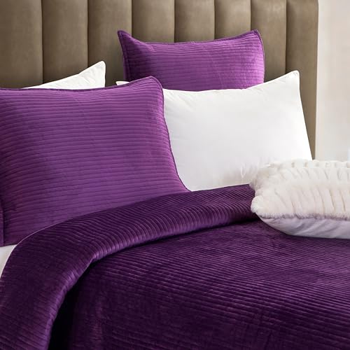 Elegant Comfort Luxury 3-Piece Velvet Corduroy Stripe Quilt Set, Ultra Soft Bedspread - Cozy Velvet Coverlet Set - 3PC Medium Weight Quilted Set with Matching Pillow Shams, Twin XL, Purple