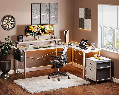 AODK L Shaped Computer Desk, 55" Office Desk with File Cabinet, Power Outlet and Adjustable Monitor Stand, Executive Home Office Furniture Set, Reversible Corner Desk with Storage Bag, White