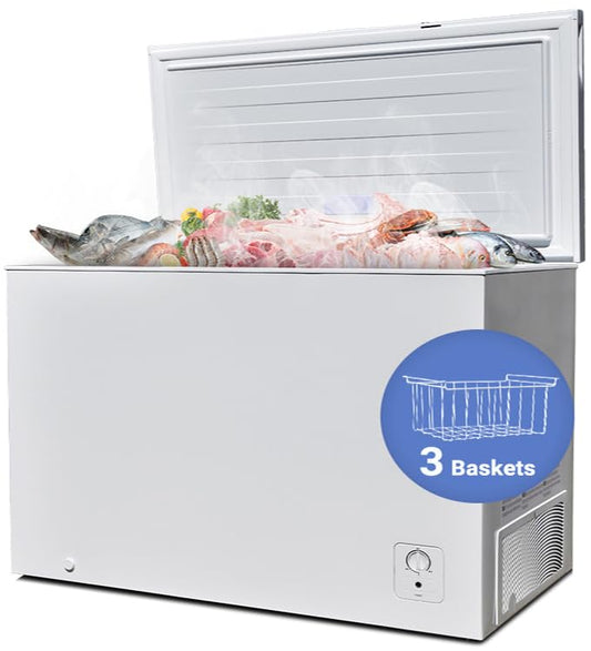 SMETA Chest Freezer 10.5 Cu. Ft, Deep Freezers Chest for Garage Outdoor with 3 Baskets Adjustable Thermostat, Defrost Meat Freezer with 4 Wheels, Energy Saving for Kitchen, Basement, Commercial, White