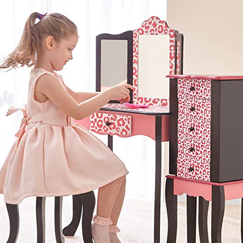 Teamson Kids Leopard Prints Wooden 2-pc. Play Vanity Set with Tri-Fold Mirror, Storage Drawer and Matching Stool to Play Dress-up, Princess or Beauty Shop, Black/Pink