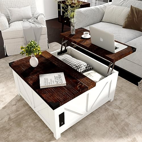 jimeimen Farmhouse Lift Top Coffee Table with Storage, Wood Square Center Table with Charging Station&USB Ports, Living Room Central Table w/Large Hidden Space, for Living Room, Bedroom, Home Office