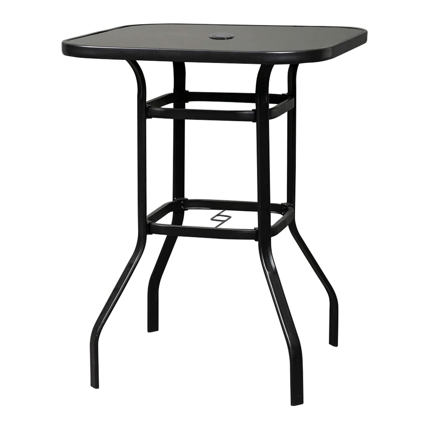 Poteban Patio Bar Height Table with Umbrella Hole, 2-Tier High Top Outdoor Bistro Table, Square Tempered Glass Metal Table for Patio, Lawn, Bar