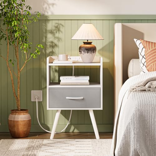 Huuger Night Stand with Charger Station, White Nightstand with Drawer and Open Shelf, Bedside Table, End Table with Solid Wood Feet, Side Table for Bedroom
