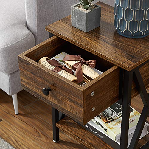 VECELO Modern Versatile Nightstands X-Design Side End Table Night Stand Storage Shelf with Bin Drawer for Living Room Bedroom, Set of 2 (Brown)