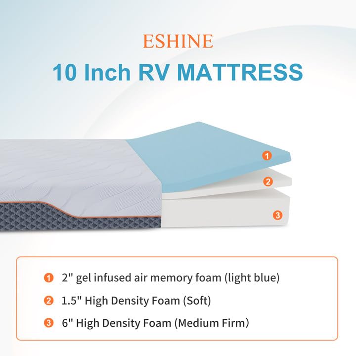 ESHINE Short Queen RV Mattress - 10" Memory Foam RV Mattress, Shock-Absorbing and Pressure-Relieving, for RVs, Campers & Trailers