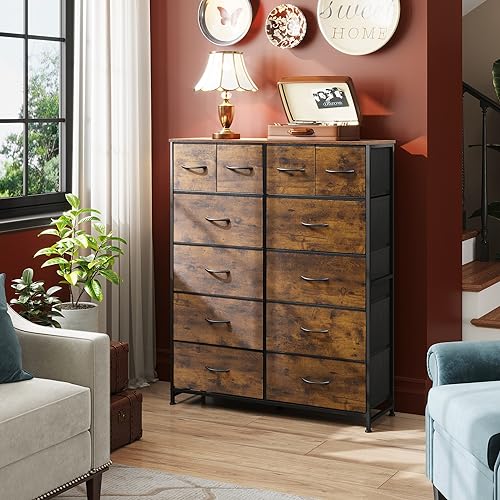 WLIVE Tall Dresser for Bedroom with 12 Drawers, Chests of Drawers, Fabric Dresser for Bedroom, Closet, Fabric Storage Dresser with Drawers, Steel Frame, Rustic Brown Wood Grain Print