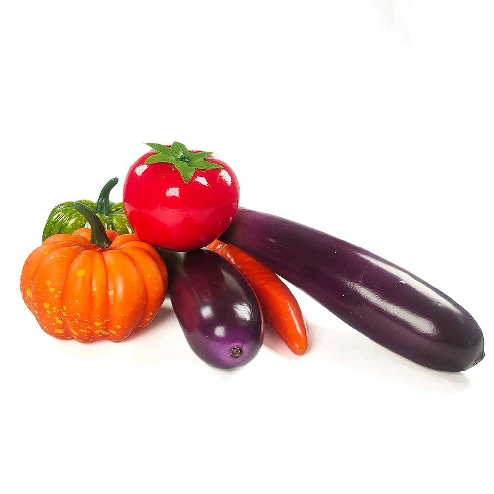 Laiiqi 11 Pcs Artificial Vegetables, Faux Fake Mixed Vegetables Decoration Home Kitchen Realistic Fake Food Display Veggies Set Faux Eggplant, Bell Peppers, Small Pumpkin, Radishes