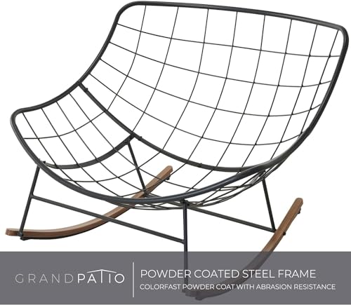 Grand patio Rocking Chair Outdoor, E-Coated Papasan Rocking Chair with Cushion, Outdoor Rocker Recliner Chair for Patio Porch Garden Backyard, Grey