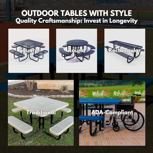 Coated Outdoor Furniture Heavy-Duty Portable Outdoor Picnic Table with Umbrella Hole, Expanded Metal Commercial-Grade Patio Dining Furniture Made in America (46" Round Top, Red)