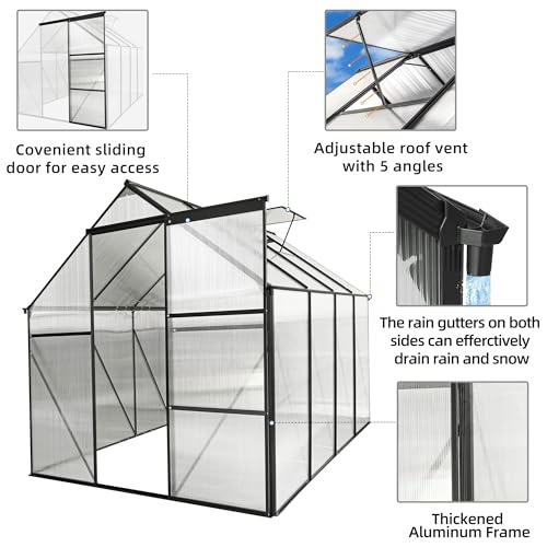 LUSPAZ 6x8 FT Outdoor Patio Greenhouse, Adjustable Roof Vent and Rain Gutter for Plants, Clear Polycarbonate Panels Greenhouse, Garden Greenhouse for Winter Garden Backyard