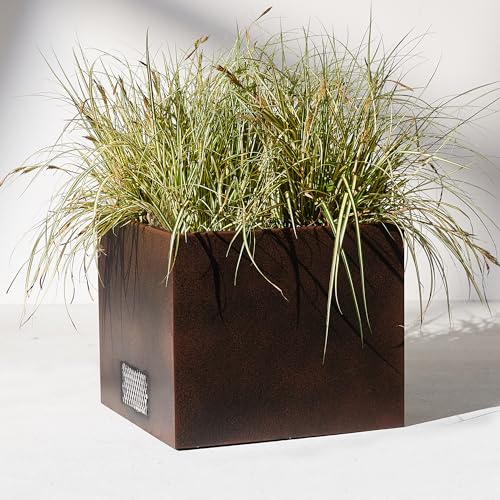 KOL 13"L.x13"W.x11"H. Metal Square Steel Planters - Modern Cube Planter Box, Outdoor Indoor Garden Pot for Plants Trees Flowers - Commercial Residential for Patio Deck Yard - All Weather Use - Bronze