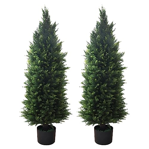 Artificial Topiary Tree 2-Set - Beautiful Realistic Faux Cedar Pines, 4 Feet Tall, UV Protection for Longer Life, 6" Wide Heavy Duty Pots for Outdoor & Indoor Decor