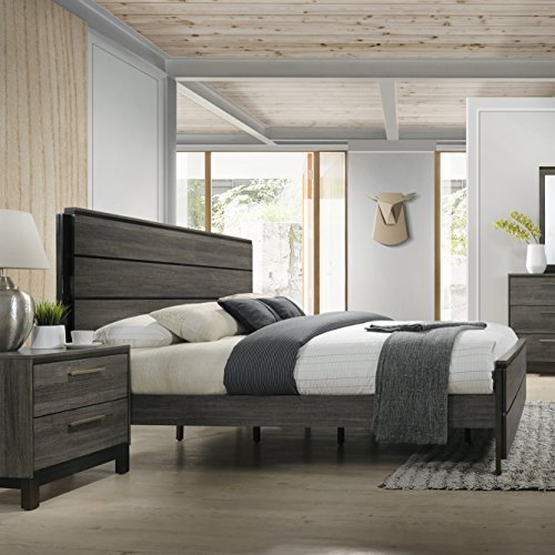 Roundhill Furniture Ioana 187 Antique Grey Finish Wood Bed Room Set, King Size Bed, Dresser, Mirror, Night Stand, Chest