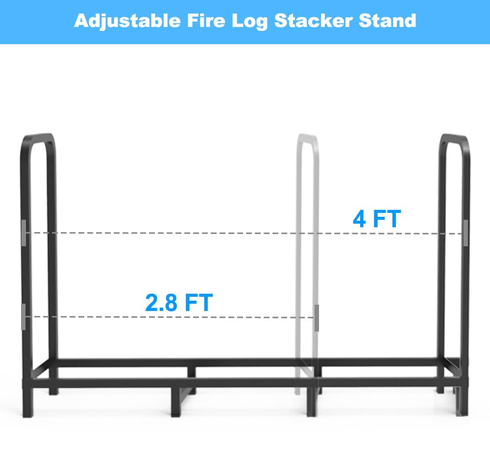 Tikimilor 4ft Firewood Rack Holder, Adjustable Heavy Duty Fire Log Stacker Stand for Fireplace, Outdoor Indoor Metal Wood Pile Storage Organizer, Patio Logs Stand tool, Black