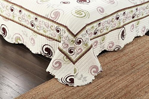 Tache Full Size Quilt 3 Piece Soft Cotton Summer Showers Spiral Reversible Scalloped Off White Brown Multi Color Ivory Bedspread Full Size