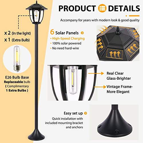 PASAMIC 63" Outdoor Solar Light Post 2 Pack, Solar Lamp Post Lights Waterproof, Outdoor Post Lights for Garden, Lawn, Pathway, Front/Back Door, Backyard, Patio Decor, Warm White, Replaceable Bulb