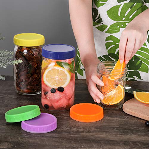 16 Pack Plastic Mason Jar Lids Fits Ball, Kerr & More - 8 Wide Mouth & 8 Regular Mouth - Colored Storage Caps for Canning Jars